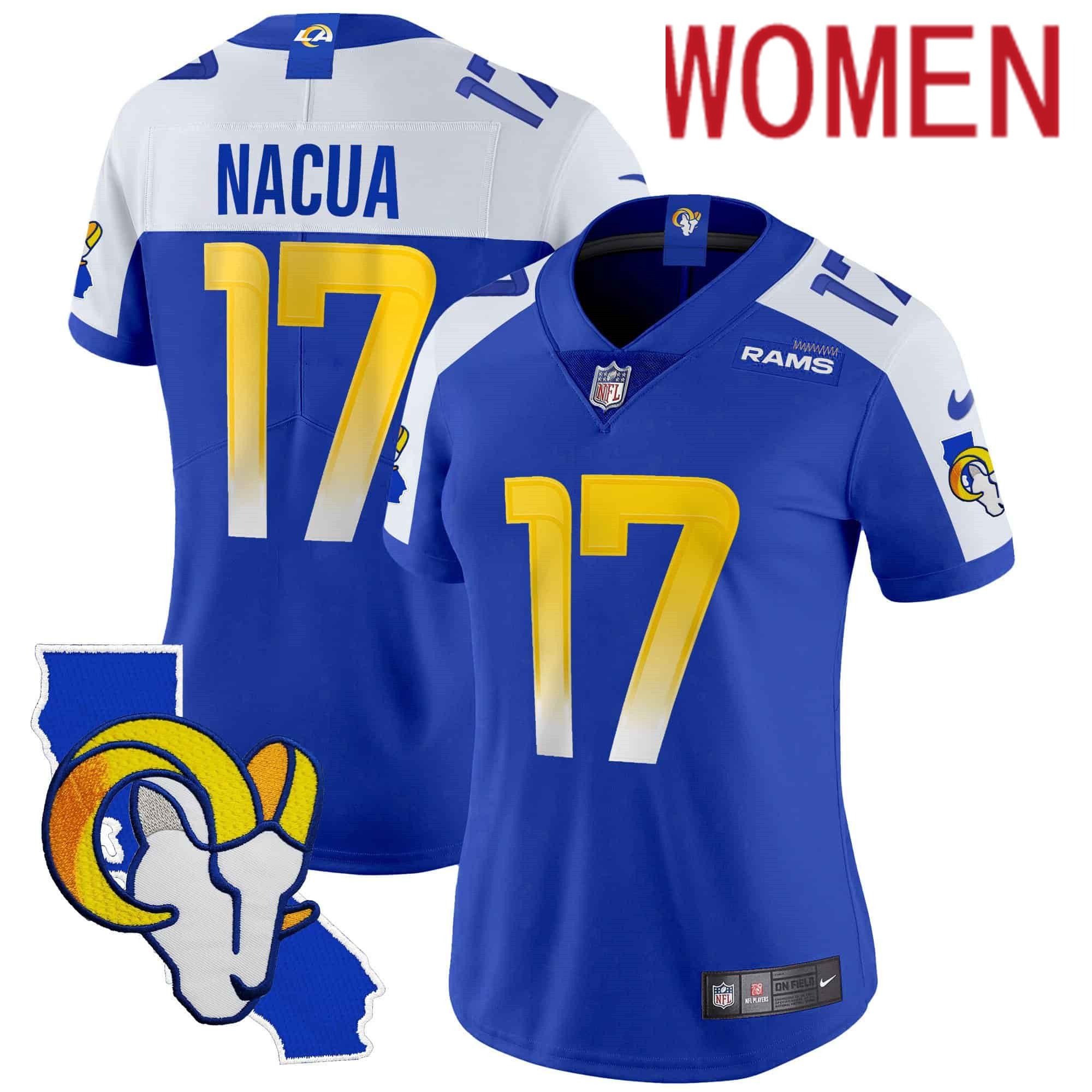 Women Los Angeles Rams #17 Nacua Blue 2024 Nike California Patch Vapor Limited NFL Jersey
